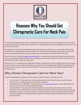 Reasons Why You Should Get Chiropractic Care For Neck Pain