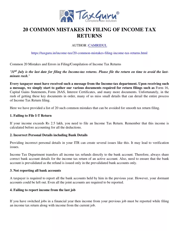 PPT - 20 Common Mistakes In Filing Of Income Tax Returns PowerPoint ...