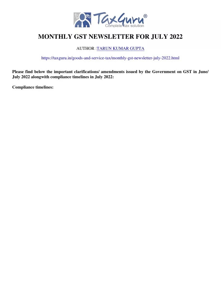 monthly gst newsletter for july 2022