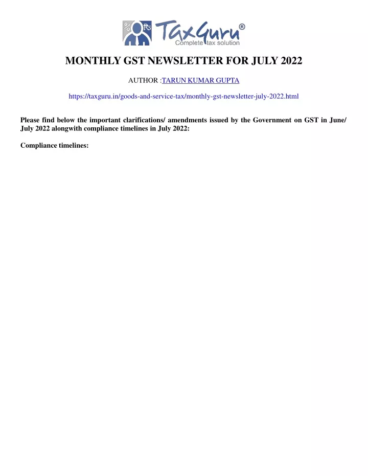 monthly gst newsletter for july 2022 author tarun