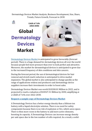 Dermatology Devices Market Size, Share, Application by 2030