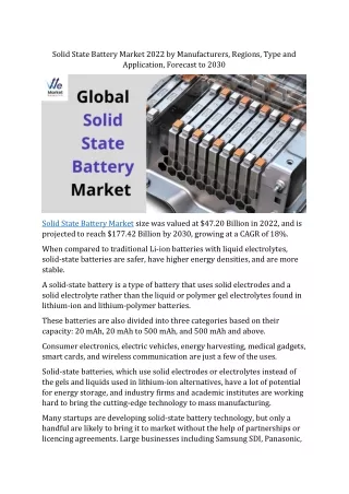 Solid State Battery Market Size, Share, Application,