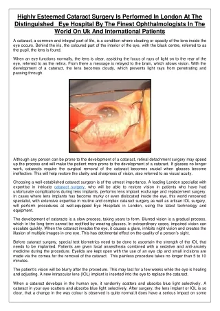 Highly Esteemed Cataract Surgery Is Performed In London At The Distinguished   Eye Hospital By The Finest Ophthalmologis