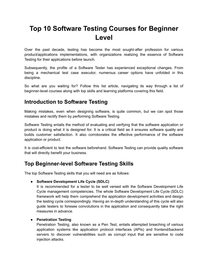 top 10 software testing courses for beginner level