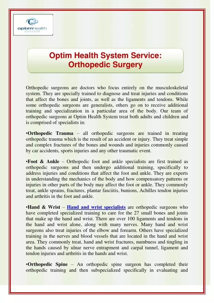optim health system service orthopedic surgery