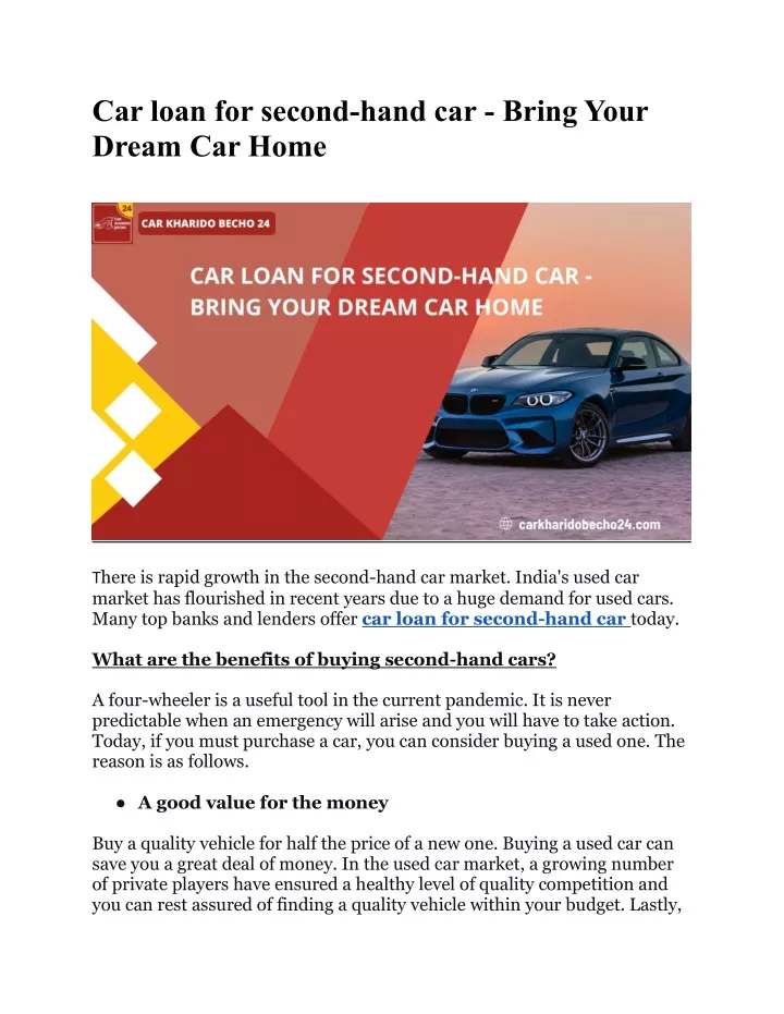 car loan for second hand car bring your dream