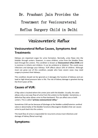 Dr. Prashant Jain Provides the Treatment for Vesicoureteral Reflux Surgery Child in Delhi