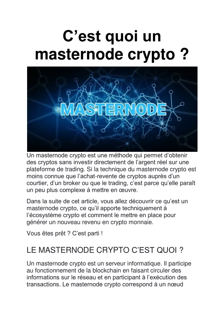 c est quoi un masternode crypto