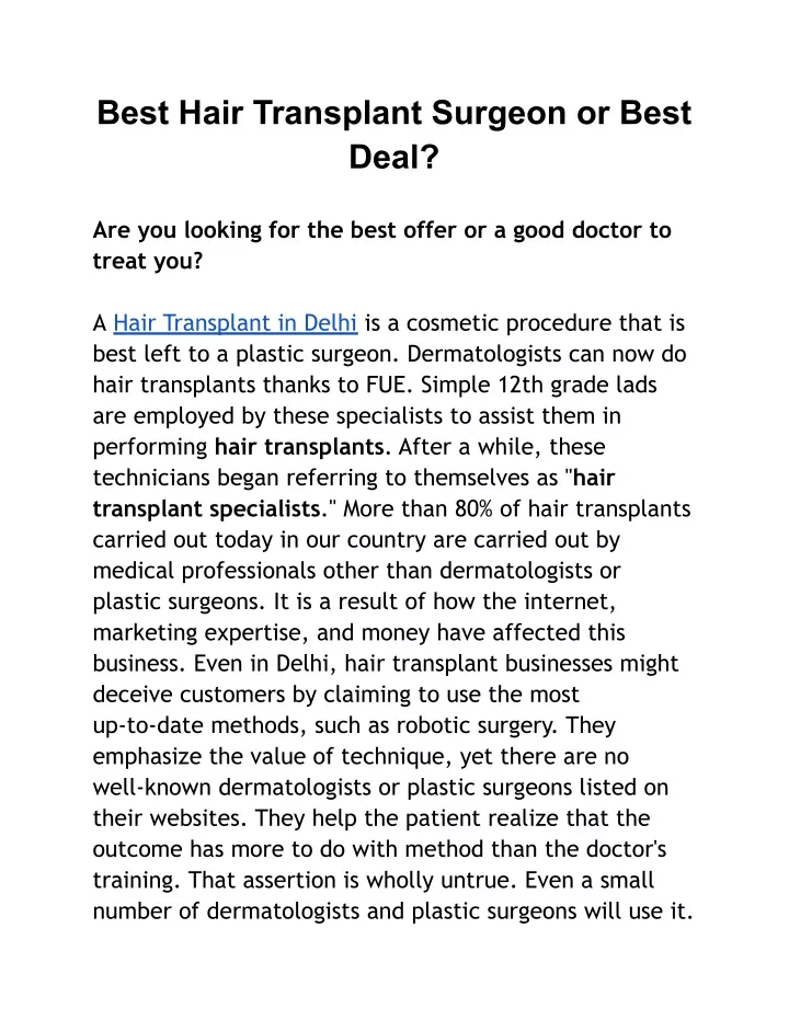 best hair transplant surgeon or best deal