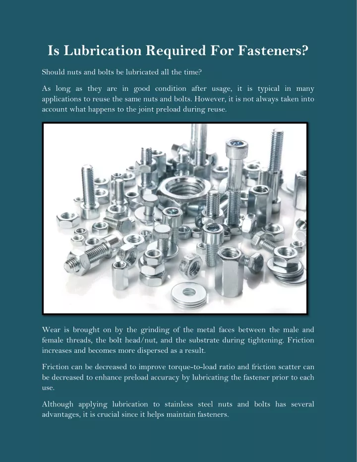 is lubrication required for fasteners