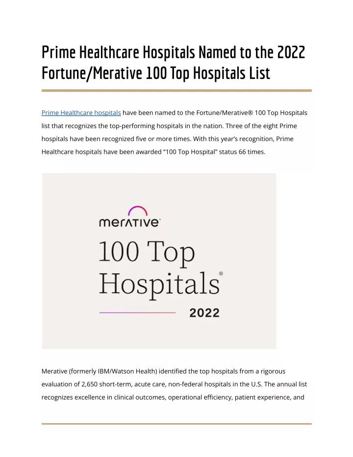 Ppt - Prime Healthcare Hospitals Named To The 2022 Fortune Merative 100 