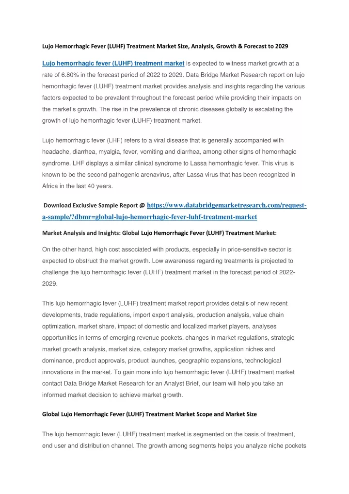 lujo hemorrhagic fever luhf treatment market size