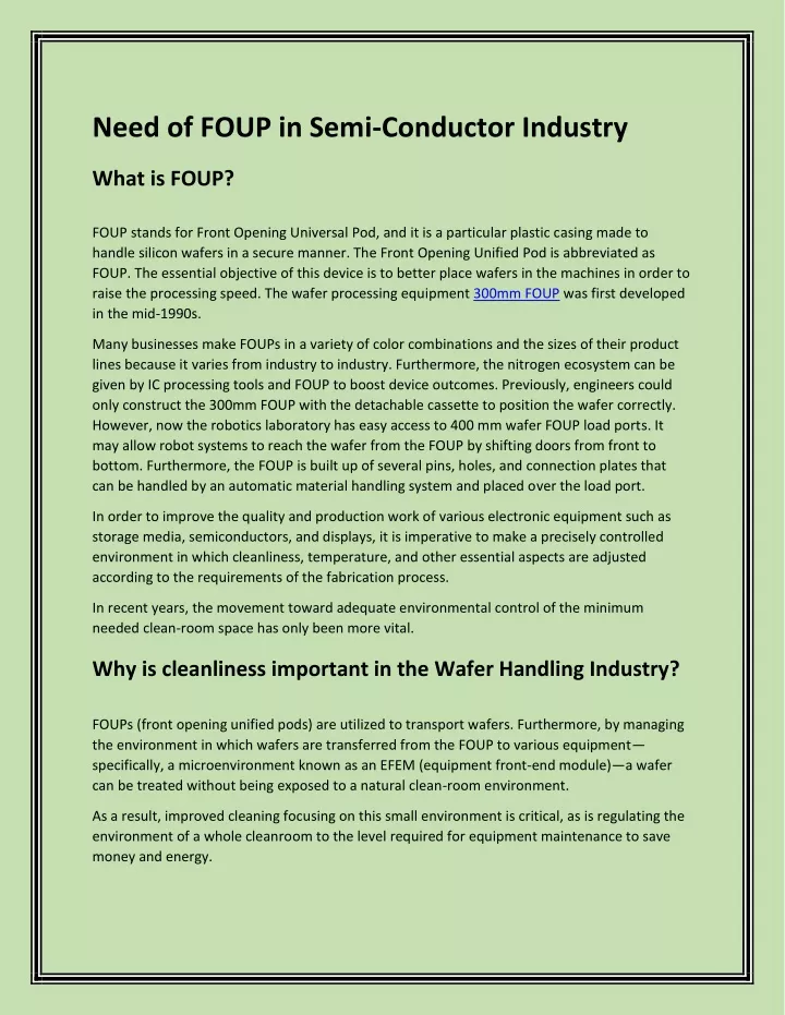 need of foup in semi conductor industry