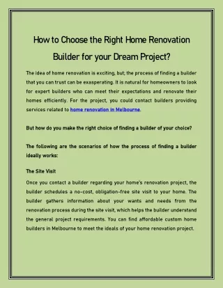 How to Choose the Right Home Renovation Builder for your Dream Project