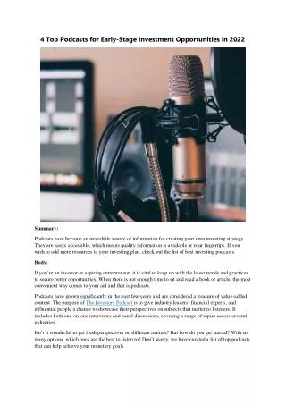 4 top podcasts for early stage investment
