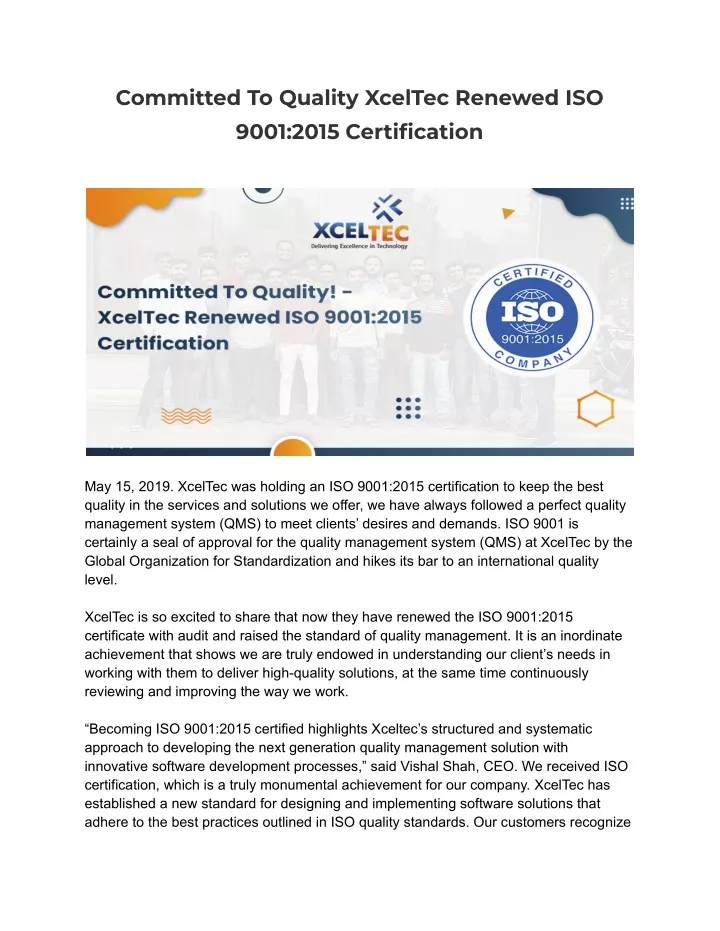 committed to quality xceltec renewed iso 9001