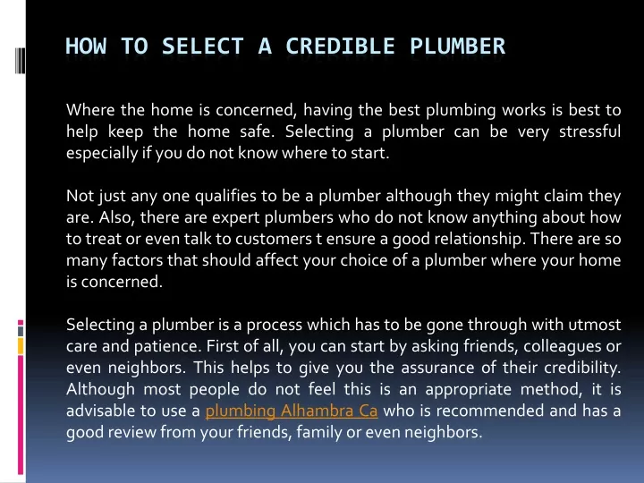 how to select a credible plumber
