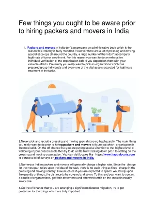 few things you ought to be aware prior to hiring packers and movers in india