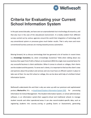 Criteria for Evaluating your Current School Information System