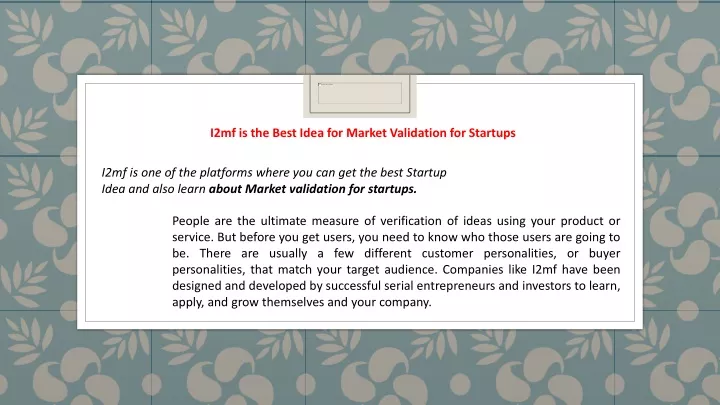 i2mf is the best idea for market validation