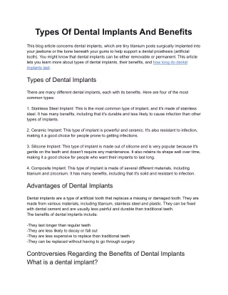 Types Of Dental Implants And Benefits