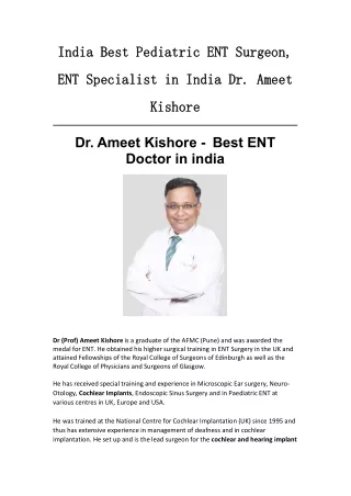 India Best Pediatric ENT Surgeon, ENT Specialist in India - Dr. Ameet Kishore
