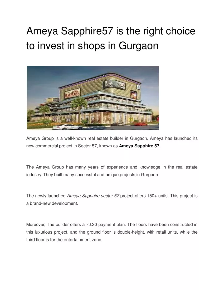ameya sapphire57 is the right choice to invest in shops in gurgaon