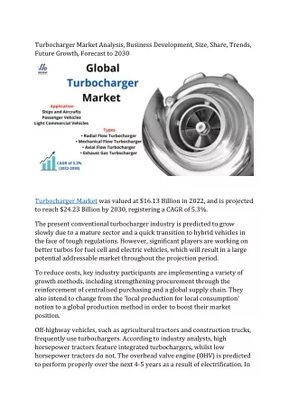 Turbocharger Market Analysis by 2022-2030