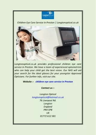 Children Eye Care Service In Preston Longtonoptical.co.uk