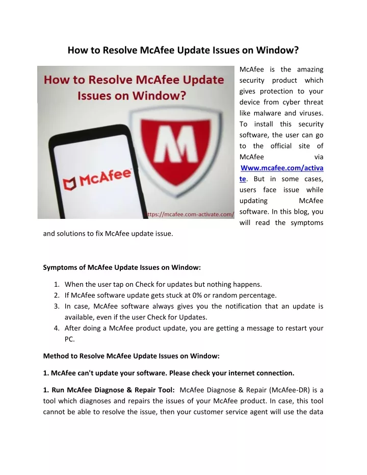 how to resolve mcafee update issues on window