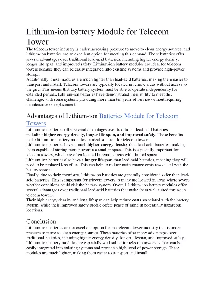 lithium ion battery module for telecom tower