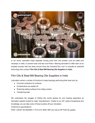 Film Oils & Steel Mill Bearing Oils Suppliers in India - Petromart