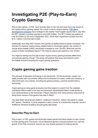 Investigating P2E (Play-to-Earn) Crypto Gaming