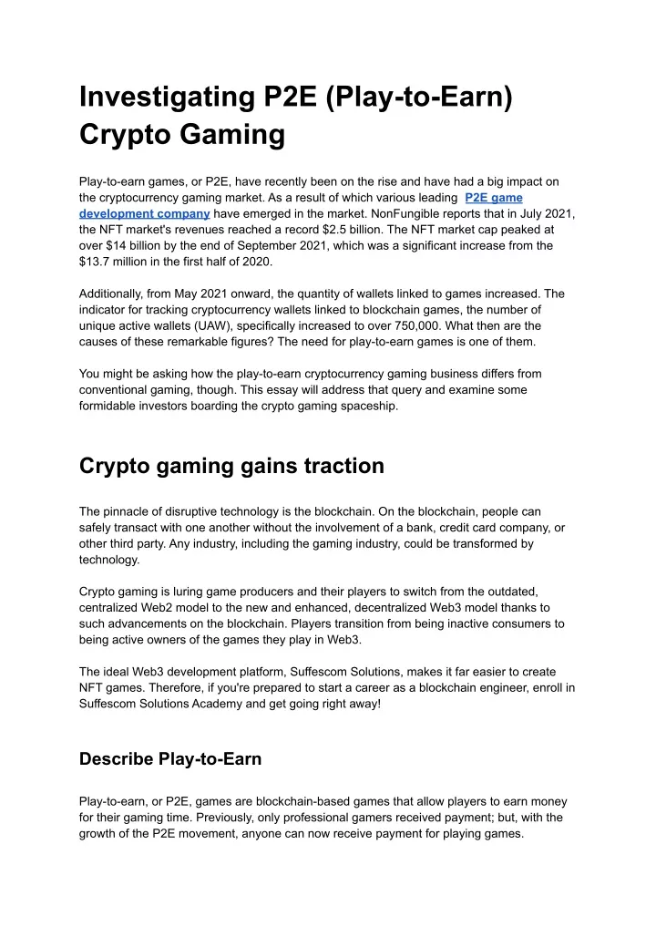 investigating p2e play to earn crypto gaming