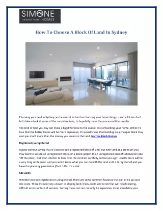 how to choose a block of land in sydney