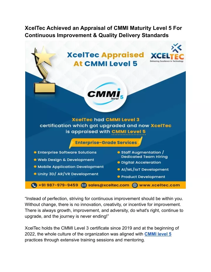 xceltec achieved an appraisal of cmmi maturity