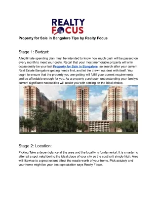 Property for Sale in Bangalore Tips by Realty Focus