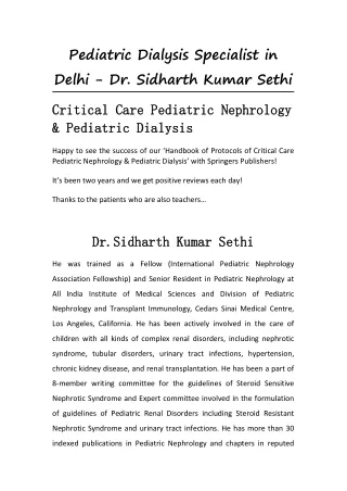 Pediatric Dialysis Specialist in Delhi - Dr. Sidharth Kumar Sethi