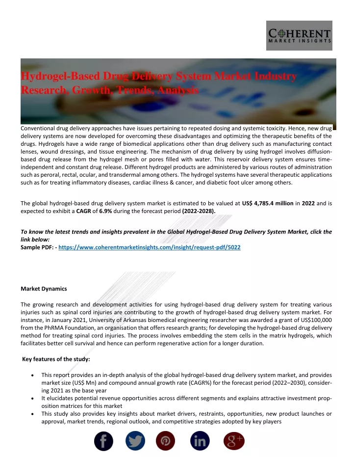 hydrogel based drug delivery system market