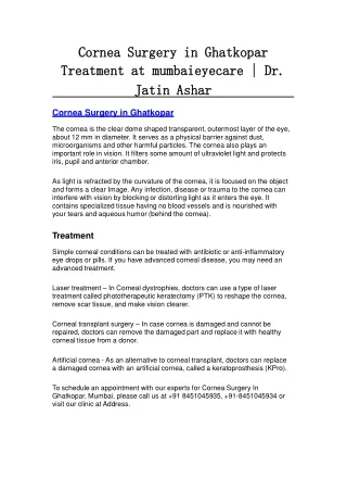 Cornea Surgery in Ghatkopar Treatment at mumbaieyecare | Dr. Jatin Ashar