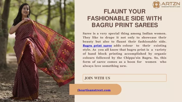 flaunt your fashionable side with bagru print sarees