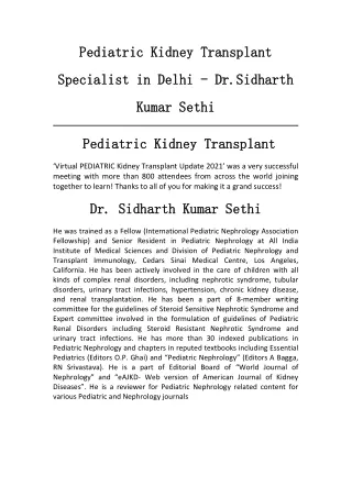 Pediatric Kidney Transplant Specialist in Delhi - Dr.Sidharth Kumar Sethi