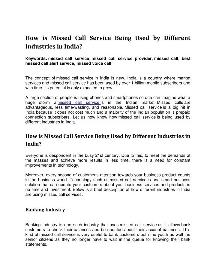 how is missed call service being used
