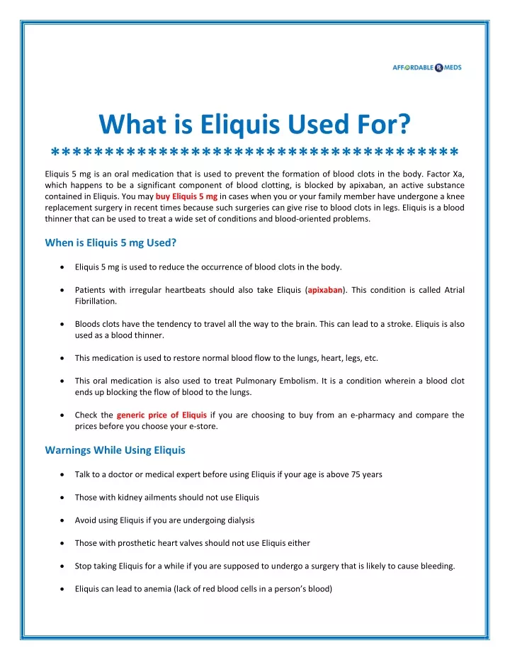 what is eliquis used for eliquis 5 mg is an oral