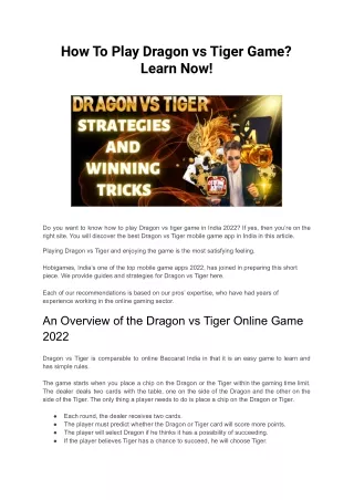 how to play dragon vs tiger game learn now