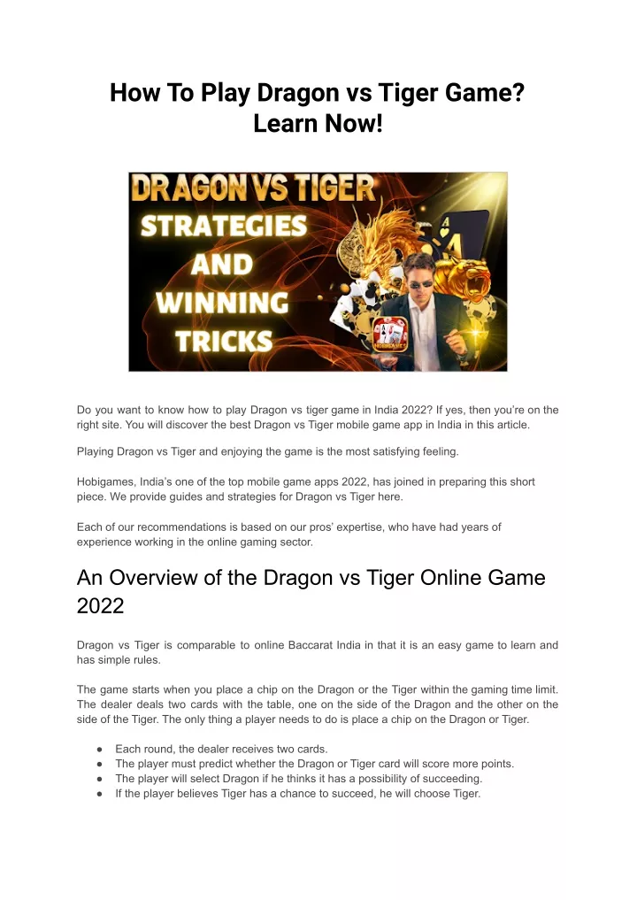how to play dragon vs tiger game learn now