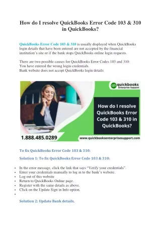 How do I resolve QuickBooks Error Code 103 & 310 in QuickBooks