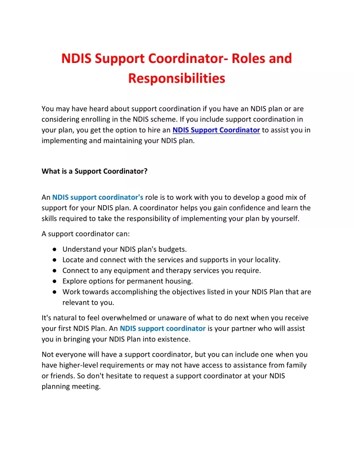 ndis support coordinator roles