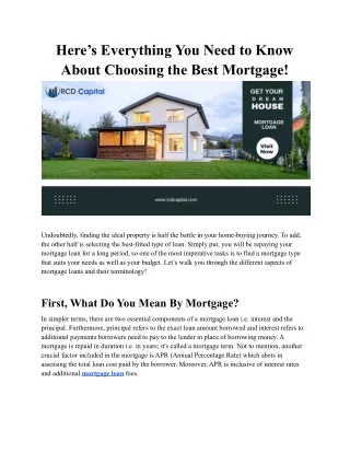Here’s Everything You Need to Know About Choosing the Best Mortgage! RCD Capital