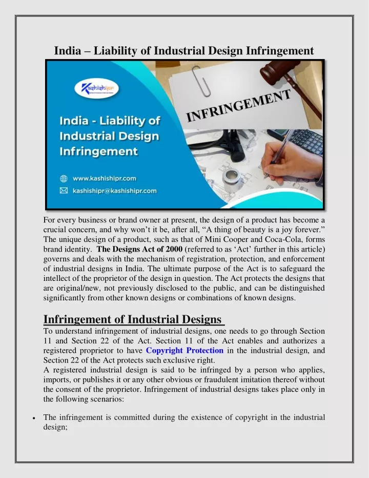 india liability of industrial design infringement